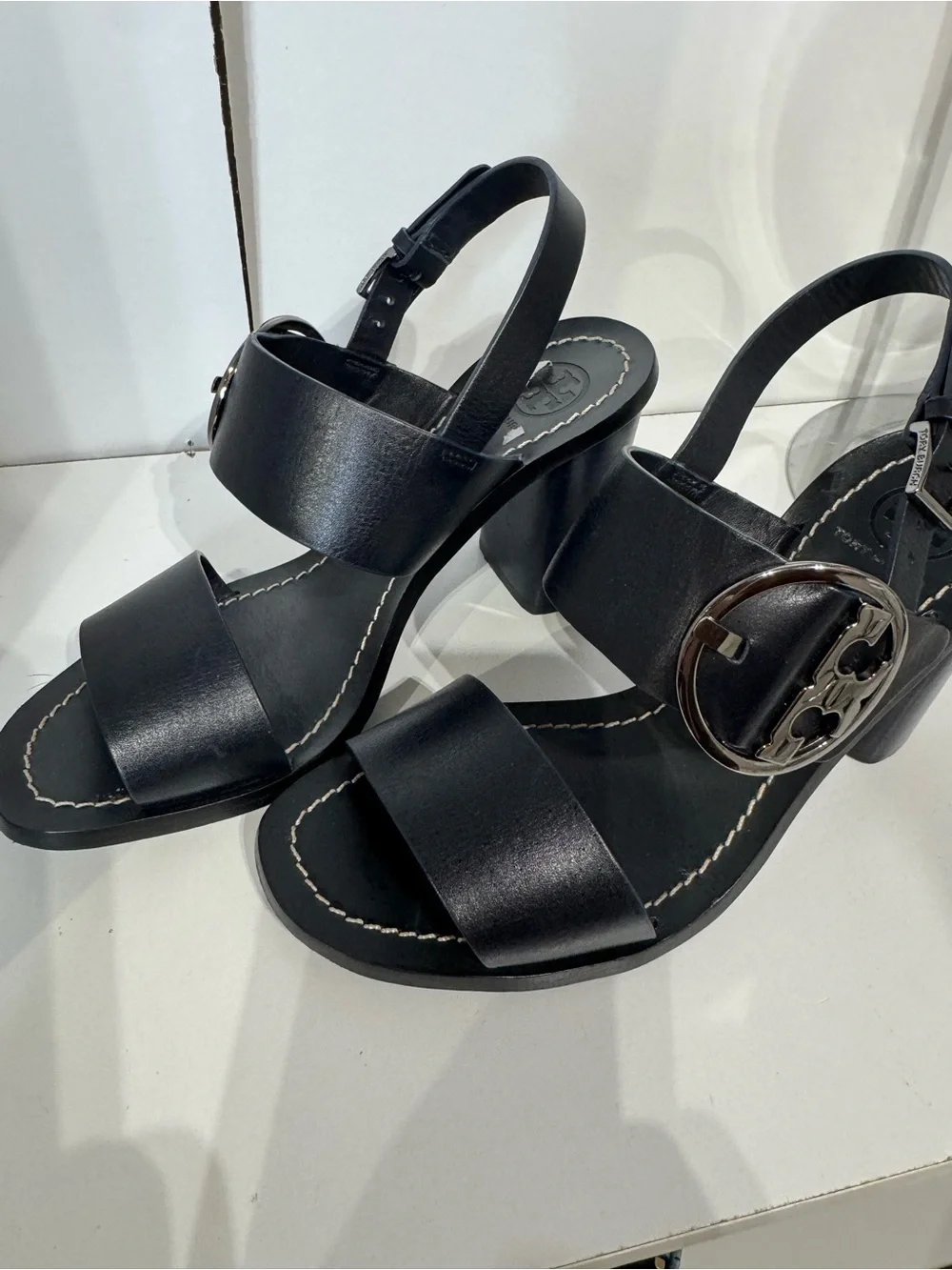 Tory Burch Black Leather Block Heel Sandals with Logo Buckle